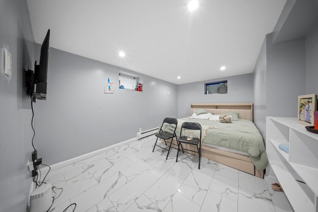 bedroom featuring recessed lighting, baseboard heating, marble finish floor, and baseboards