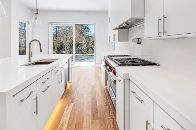 kitchen with a sink, light wood-type flooring, wall chimney exhaust hood, and light countertops