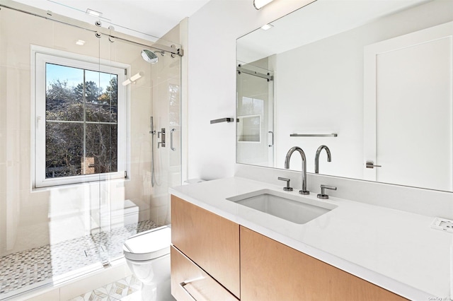 bathroom with a shower stall, toilet, and vanity