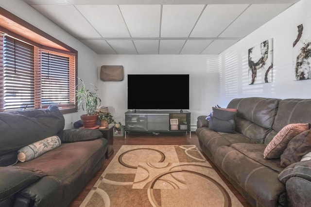 living area featuring a paneled ceiling and wood finished floors