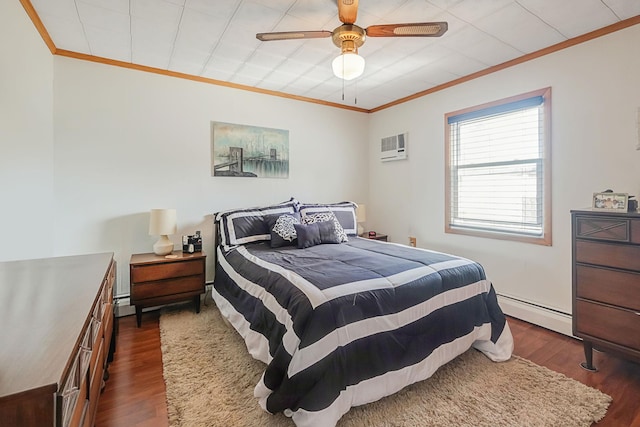 bedroom with a baseboard heating unit, crown molding, a ceiling fan, and dark wood-type flooring