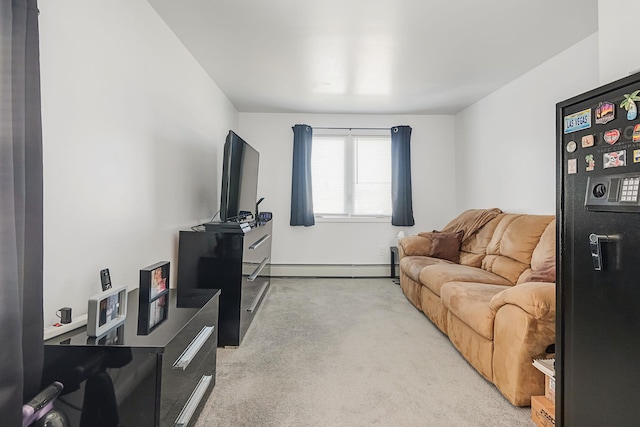 carpeted living room featuring baseboard heating