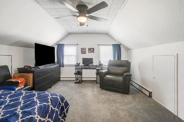 bedroom with vaulted ceiling, a ceiling fan, carpet, and a baseboard radiator