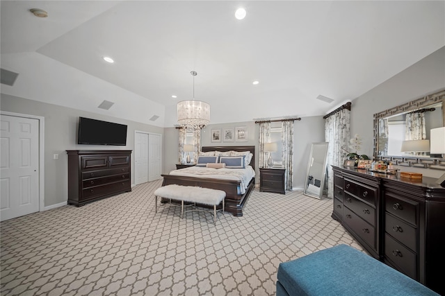 bedroom featuring baseboards, light colored carpet, lofted ceiling, recessed lighting, and an inviting chandelier