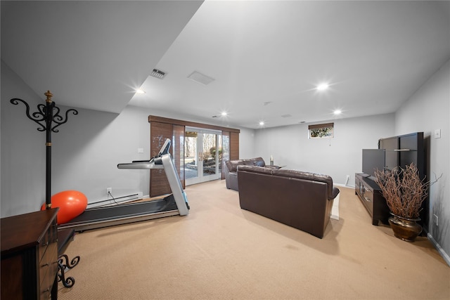 workout room featuring recessed lighting, visible vents, baseboards, and light colored carpet