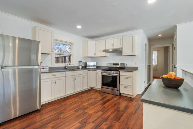 kitchen featuring under cabinet range hood, a sink, dark countertops, appliances with stainless steel finishes, and crown molding