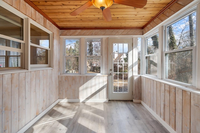 unfurnished sunroom featuring wood ceiling and ceiling fan