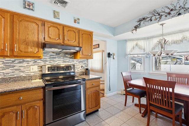 kitchen featuring brown cabinetry, stainless steel electric range, visible vents, and under cabinet range hood