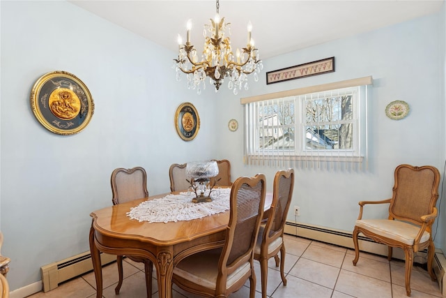 dining room featuring light tile patterned floors, a baseboard heating unit, and a notable chandelier