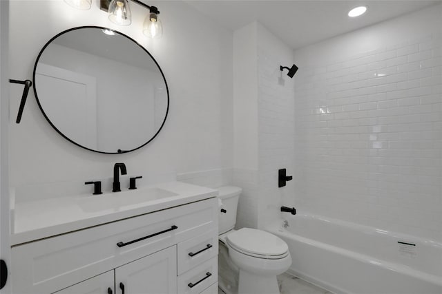 full bathroom with washtub / shower combination, toilet, and vanity