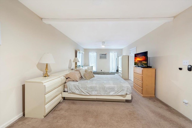 bedroom featuring vaulted ceiling with beams, a ceiling fan, and light carpet