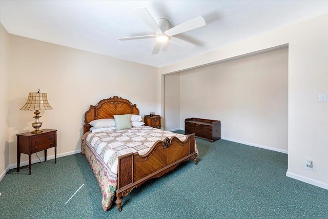 carpeted bedroom featuring ceiling fan and baseboards