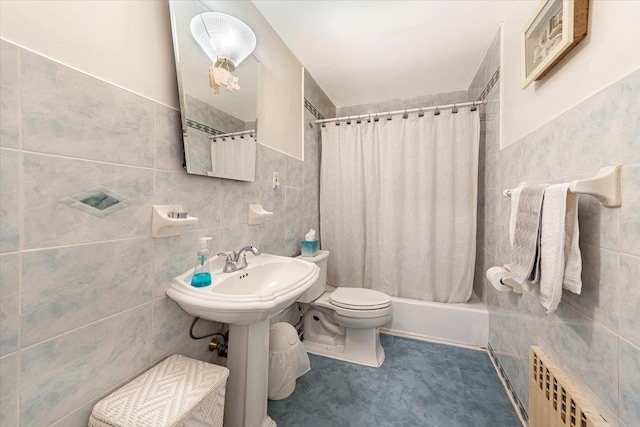 full bathroom featuring toilet, tile walls, radiator heating unit, and shower / bathtub combination with curtain