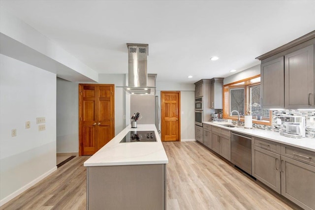 kitchen featuring light wood finished floors, a sink, stainless steel appliances, and island range hood