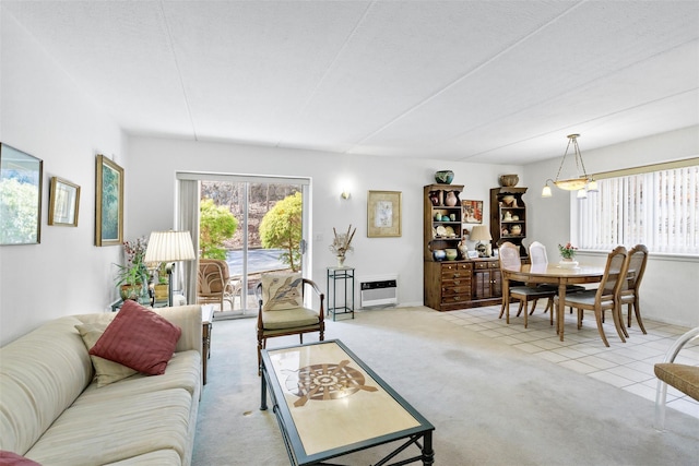 living room featuring heating unit and carpet floors