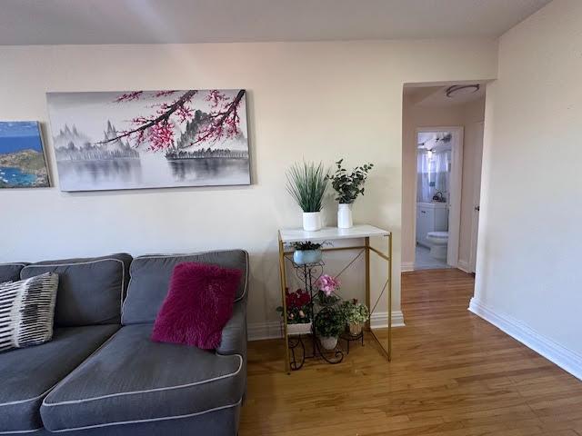 living room with baseboards and wood finished floors