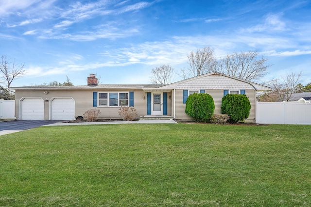 ranch-style house featuring a front lawn, fence, a garage, and driveway