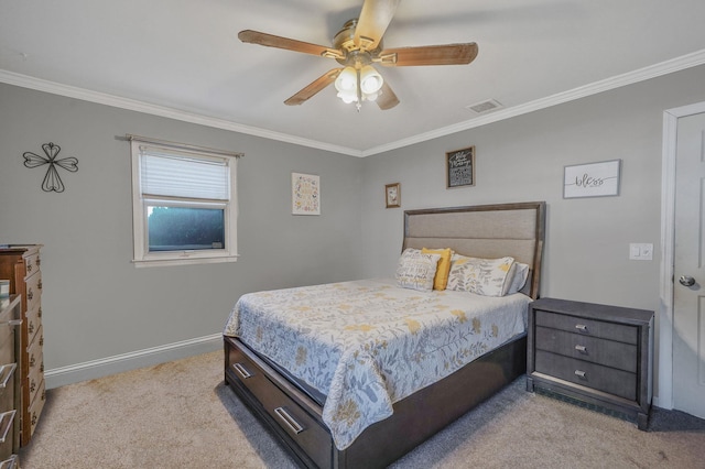 bedroom with carpet, baseboards, visible vents, ceiling fan, and ornamental molding