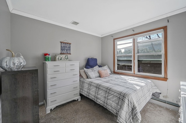 bedroom with dark colored carpet, visible vents, and ornamental molding