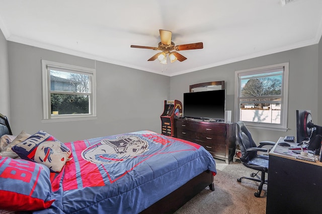 carpeted bedroom with multiple windows, a ceiling fan, and crown molding