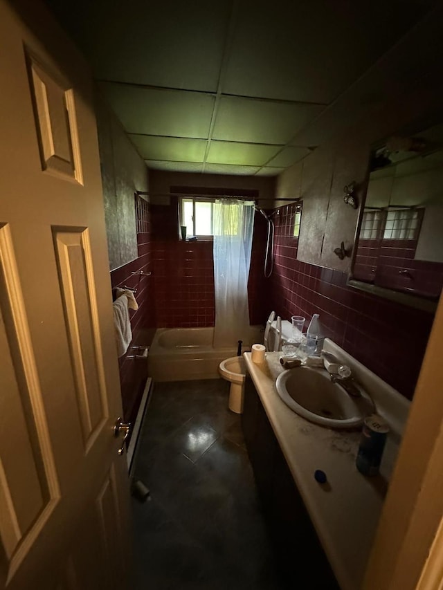 full bath featuring backsplash, tile walls, toilet, tile patterned floors, and vanity