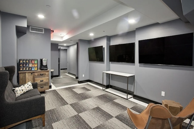 interior space featuring visible vents, recessed lighting, carpet flooring, and baseboards