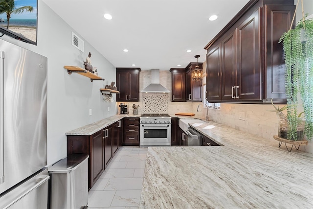 kitchen with visible vents, wall chimney range hood, marble finish floor, stainless steel appliances, and open shelves