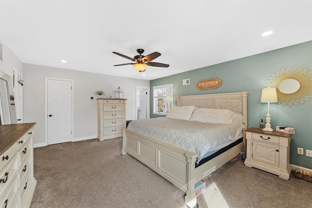 bedroom with visible vents, recessed lighting, baseboards, light colored carpet, and ceiling fan