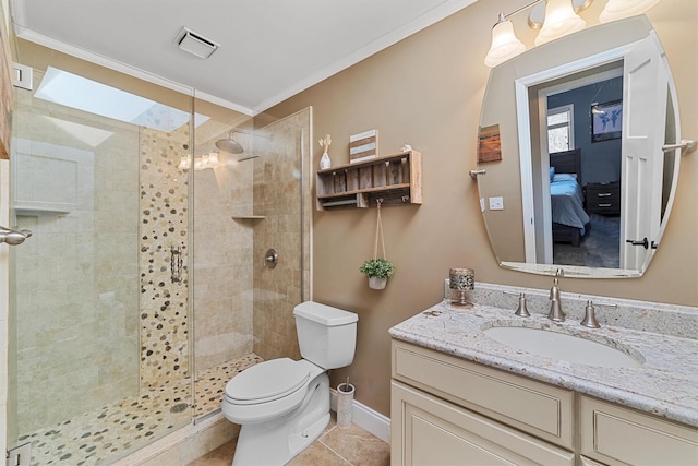 full bath with vanity, visible vents, a stall shower, crown molding, and toilet