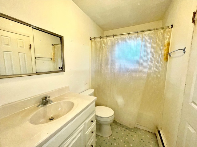 full bathroom with a shower with shower curtain, a baseboard heating unit, toilet, and vanity