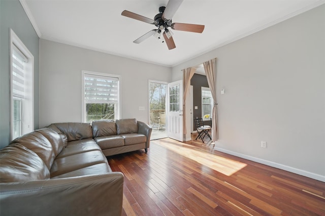 living room featuring wood-type flooring, ceiling fan, ornamental molding, and baseboards