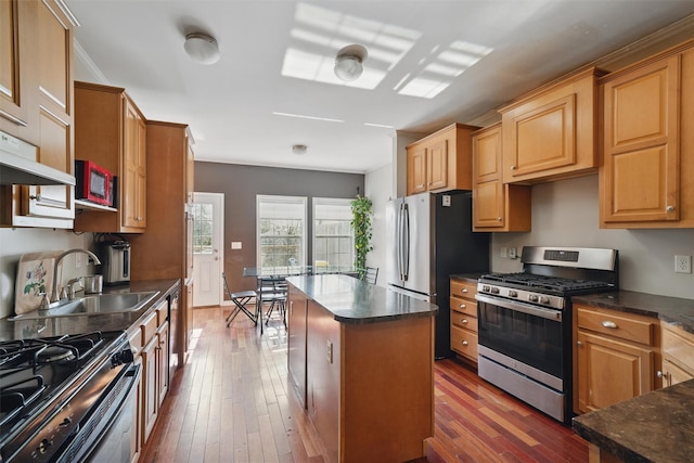 kitchen with a sink, dark wood finished floors, a kitchen island, and stainless steel appliances