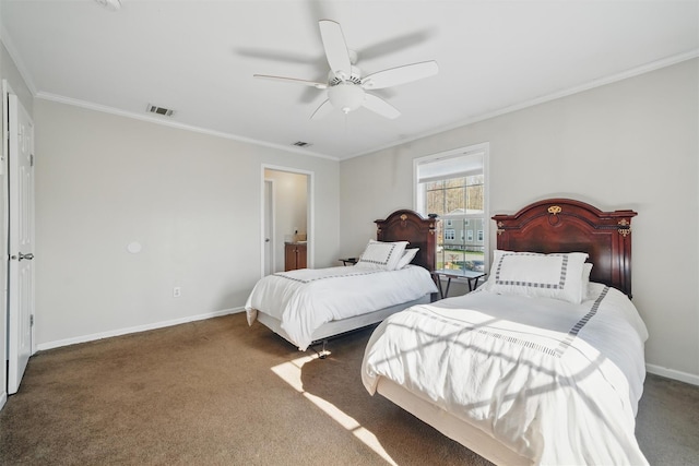 carpeted bedroom featuring crown molding, baseboards, and visible vents