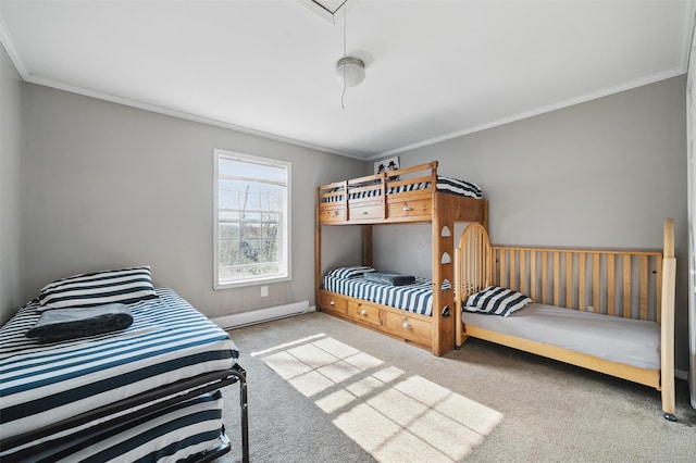carpeted bedroom featuring crown molding and baseboard heating