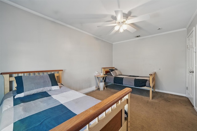 carpeted bedroom featuring crown molding, a ceiling fan, baseboards, and visible vents
