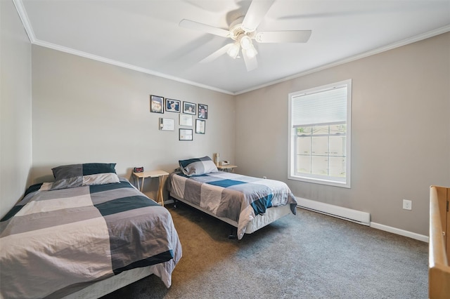 carpeted bedroom with ornamental molding, baseboard heating, and a ceiling fan