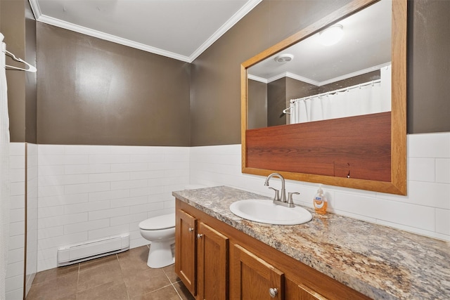 full bath with crown molding, baseboard heating, toilet, tile patterned floors, and tile walls