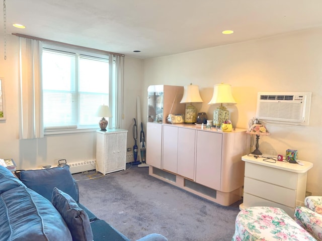 carpeted bedroom with recessed lighting and a wall mounted AC