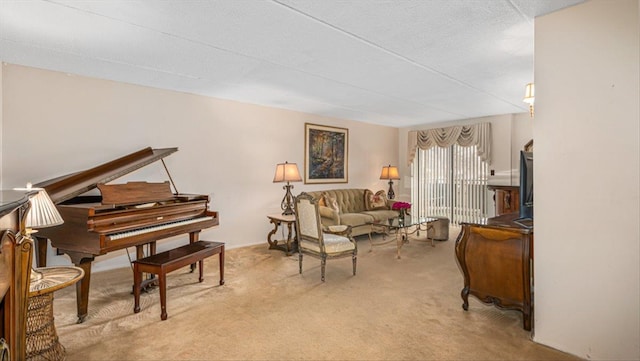 living area with light colored carpet