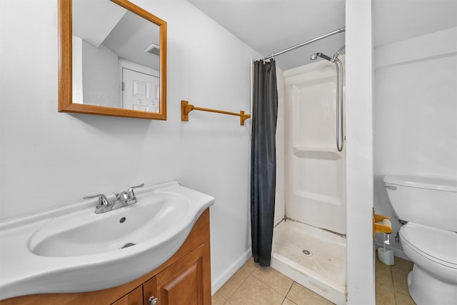 full bath with tile patterned flooring, a shower stall, toilet, and visible vents