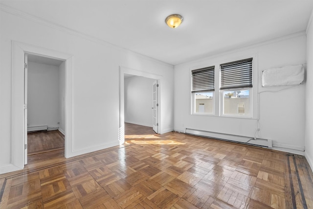 unfurnished room with crown molding, baseboards, and a baseboard radiator