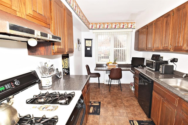 kitchen with dishwasher, gas stove, brown cabinets, and a sink