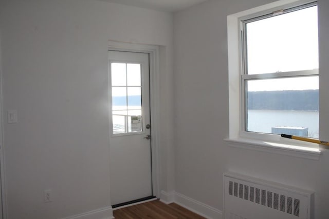 doorway featuring baseboards, dark wood-style floors, and radiator heating unit