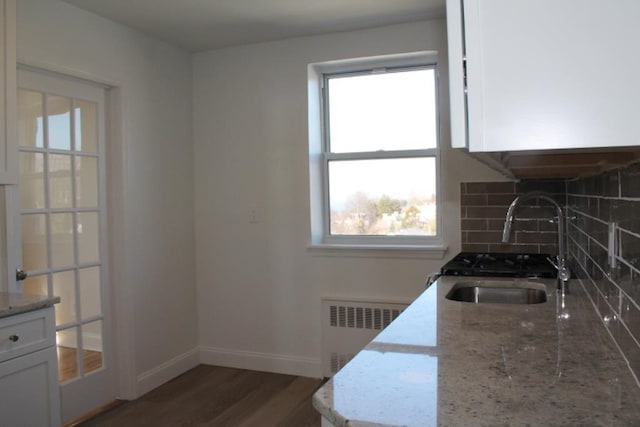 kitchen with backsplash, radiator, baseboards, wood finished floors, and a sink