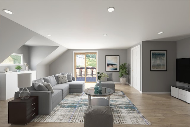 living room featuring recessed lighting, light wood-type flooring, and baseboards