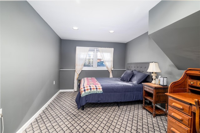 bedroom featuring recessed lighting, carpet, and baseboards