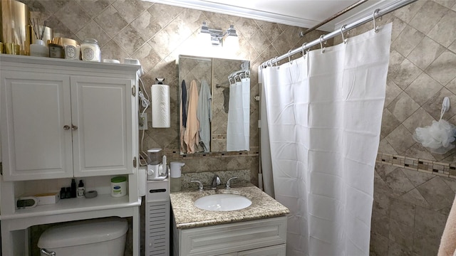 bathroom featuring vanity, tiled shower, decorative backsplash, tile walls, and toilet