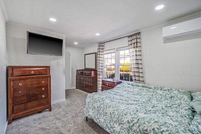 carpeted bedroom with recessed lighting, baseboards, ornamental molding, and a wall unit AC