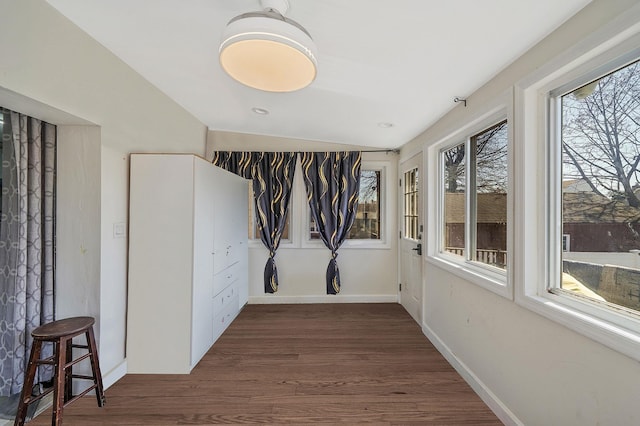 interior space featuring baseboards, wood finished floors, and vaulted ceiling