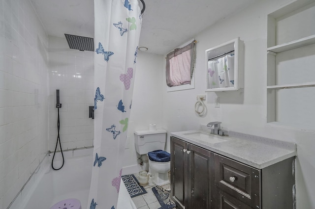 full bath featuring tile patterned flooring, vanity, toilet, and a shower with shower curtain